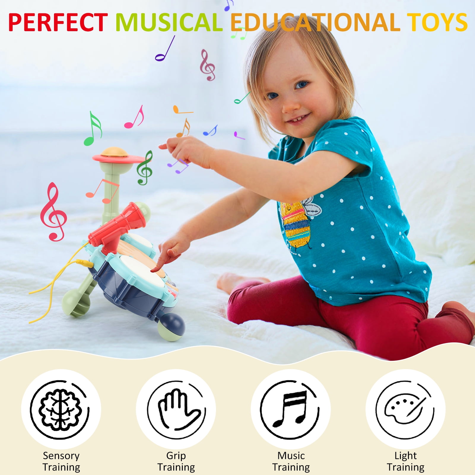 Drum Set with Microphone for Toddler 1-3 Baby Musical Toys Drum Piano Musical Instrument Learning Toys Gift for Boys Girls Age 2-5