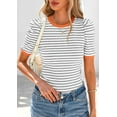 thumbnail image 4 of PRETTYGARDEN Women's Summer Puff Sleeve Tops Casual Ribbed Knit Crop Top Color Block Trendy Crewneck Striped Shirts, 4 of 10