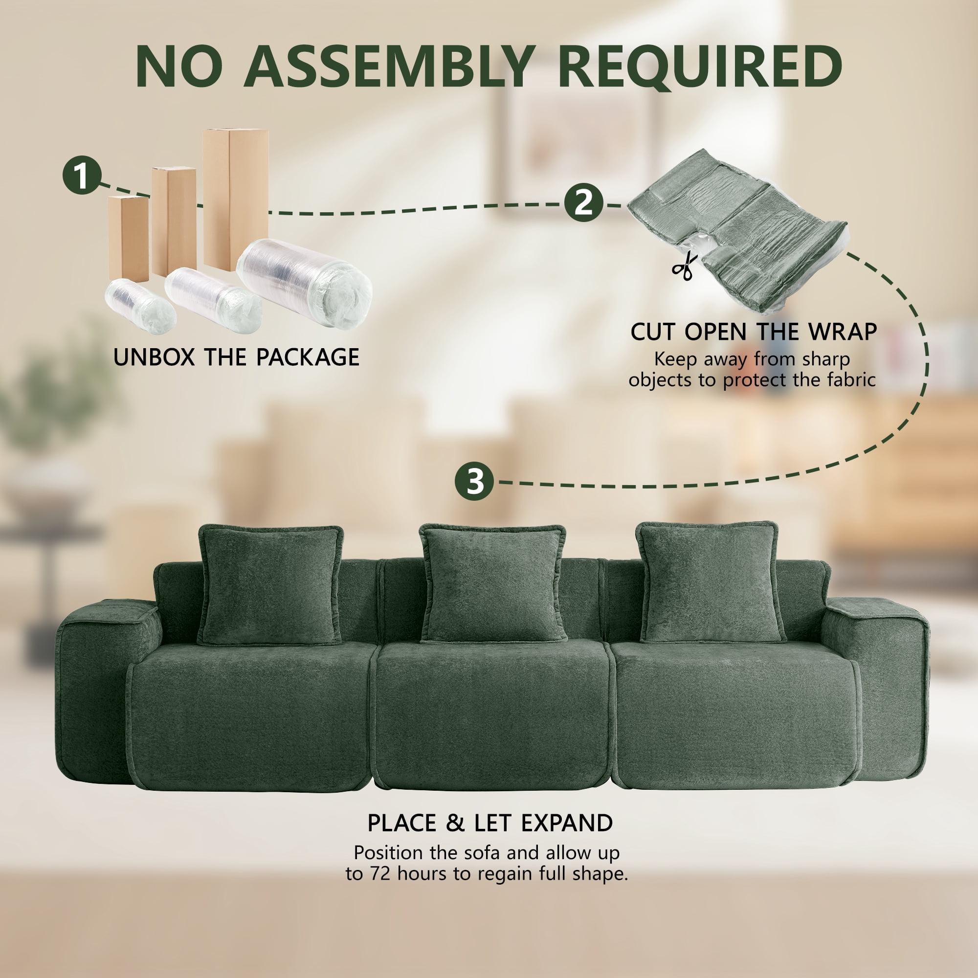 Aukfa 109" Oversized Boneless Couch Deep Seat 3 Seat Cloud Sofa for Living Room Bedroom, 3 Pillows, Velvet, Green