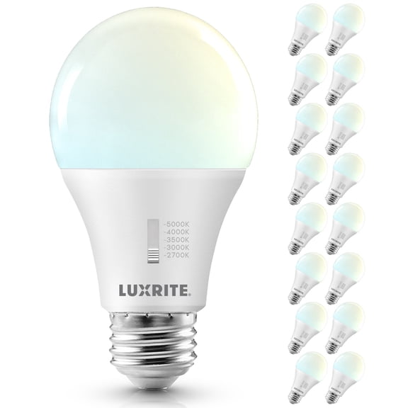 Luxrite A19 LED Light Bulb 11W=75W CRI90 5CCT 2700K-5000K Dimmable 1100 Lumens E26 Base Title CA20 ETL Listed 16 Pack