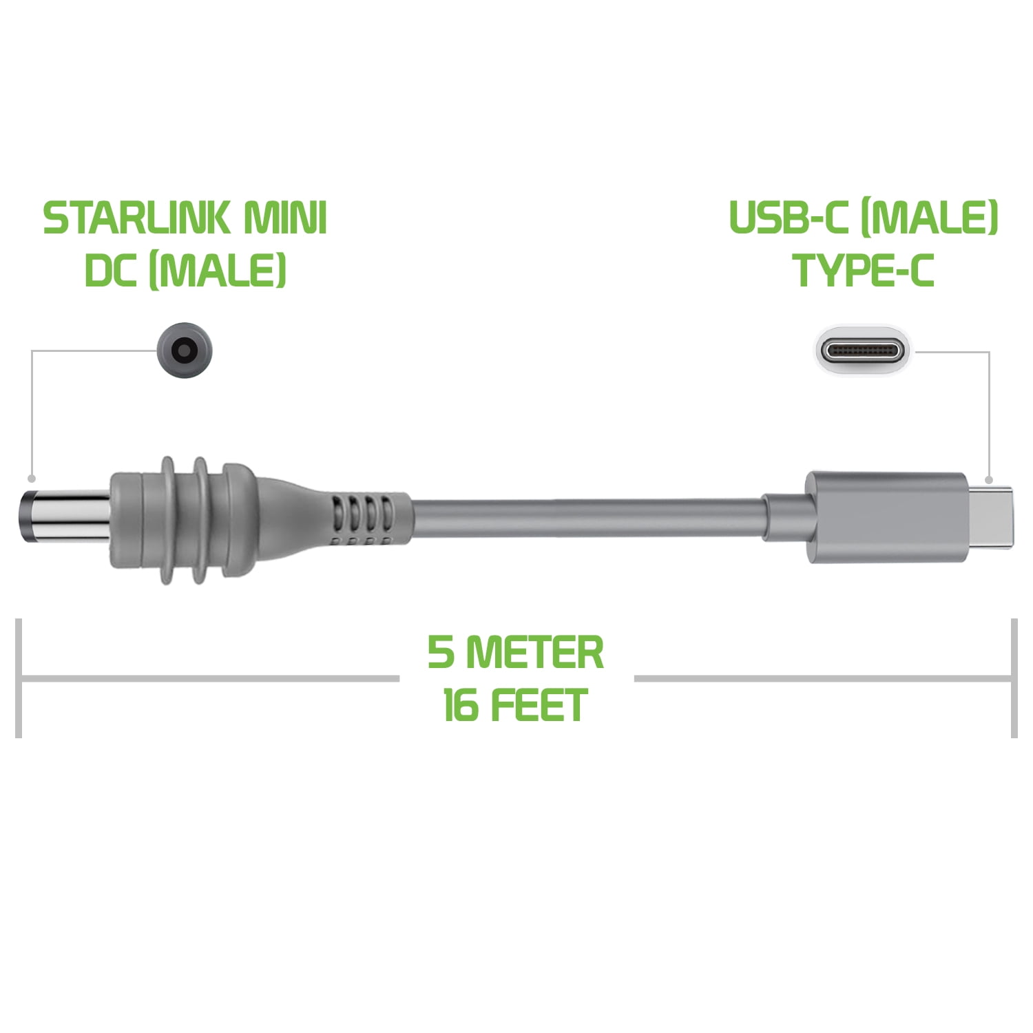 Starlink Mini USB-C to DC Power Cable Cord / 5-Meter / 16-Feet 100W Input USB Type C to DC Cable, DC Power Cable Direct to USB-C Compatible with Starlink Mini 100W+ PD Source Waterproof 18AWG