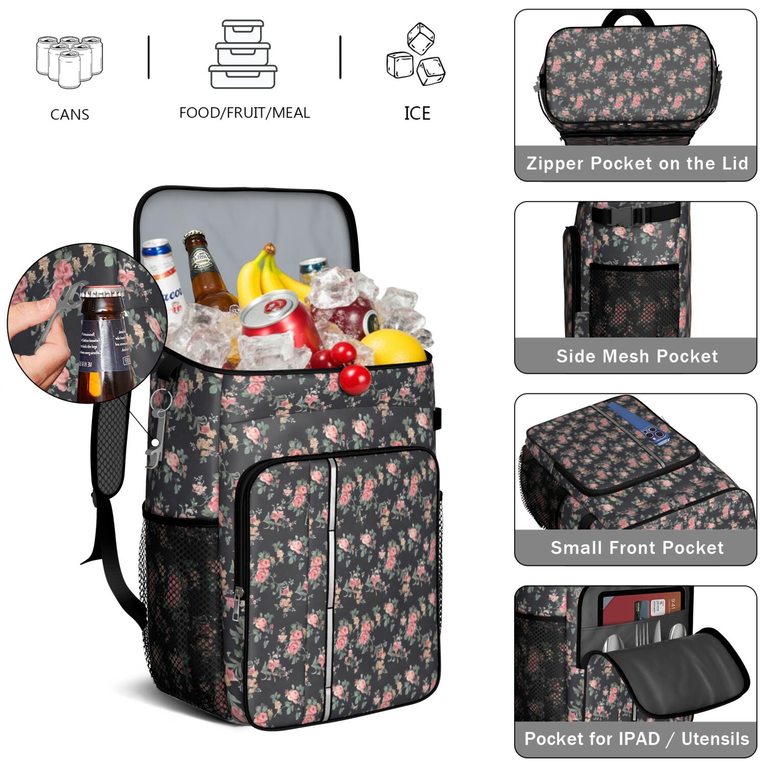 Travel Cooler Bag - Pioneer Flower Floral Print Pattern Camping Beer Cooler Backpack with Bottle Opener- Waterproof Insulated Picnic Backpacks - Cooler Bag for Beach