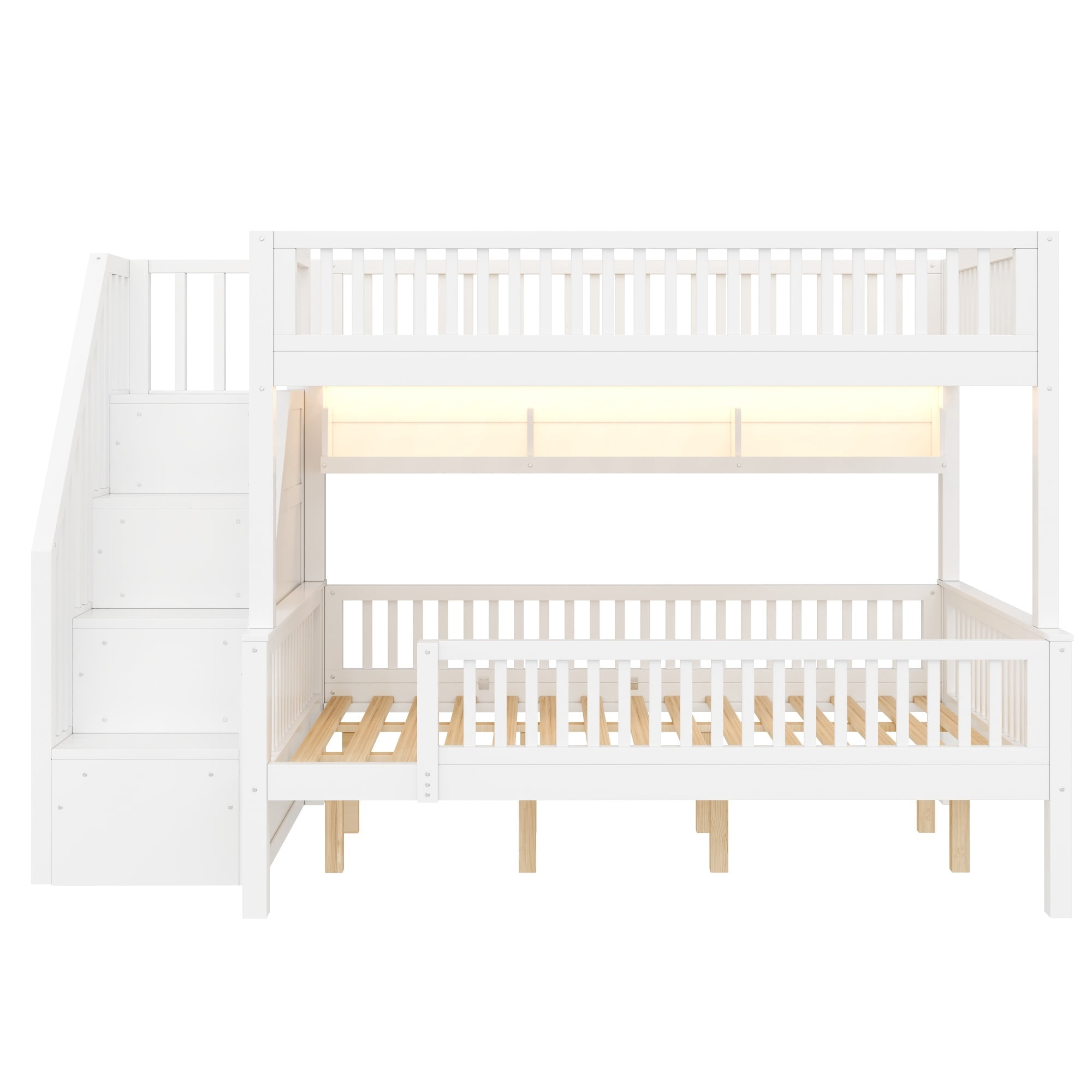 Euroco Wood Full XL over Queen Size Bunk Bed with Storage Staircase, LED Light Shelves and Guardrails, White