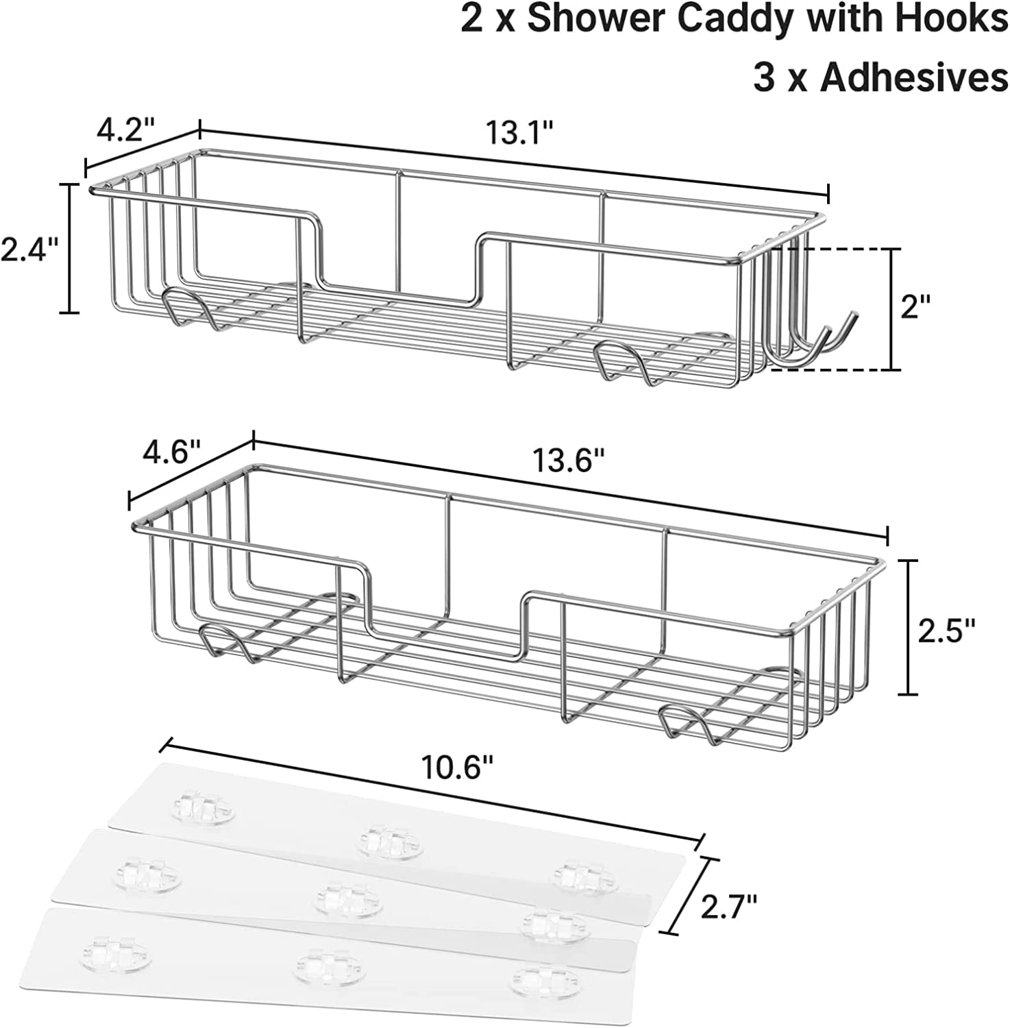Adhesive Shower Caddy Basket Rack with Hooks, Shower Shelf Wall Mounted
