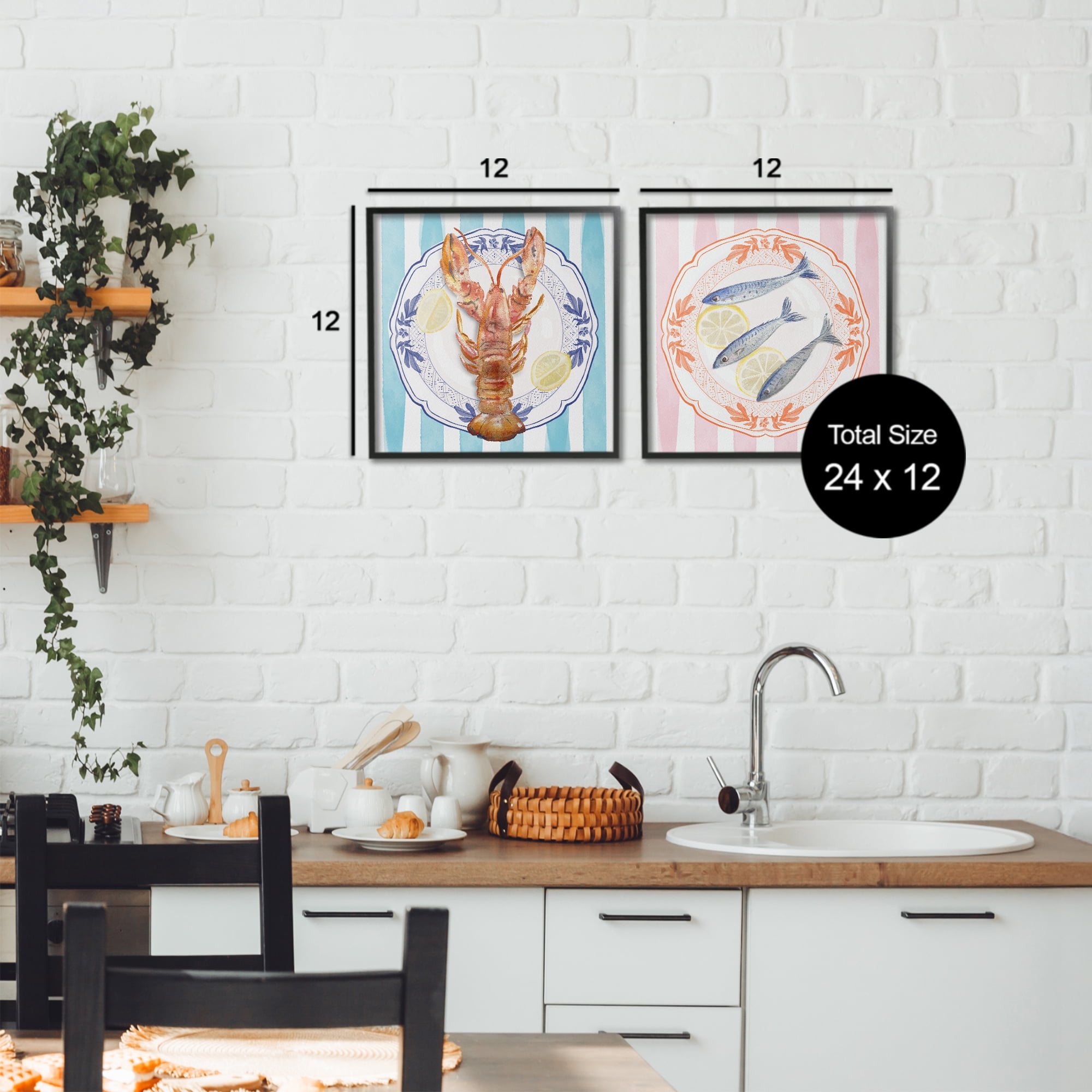 Stupell Industries Lobster & Sardines Plates 2 Piece Black Framed Giclee Art Set, design by Christie Adams