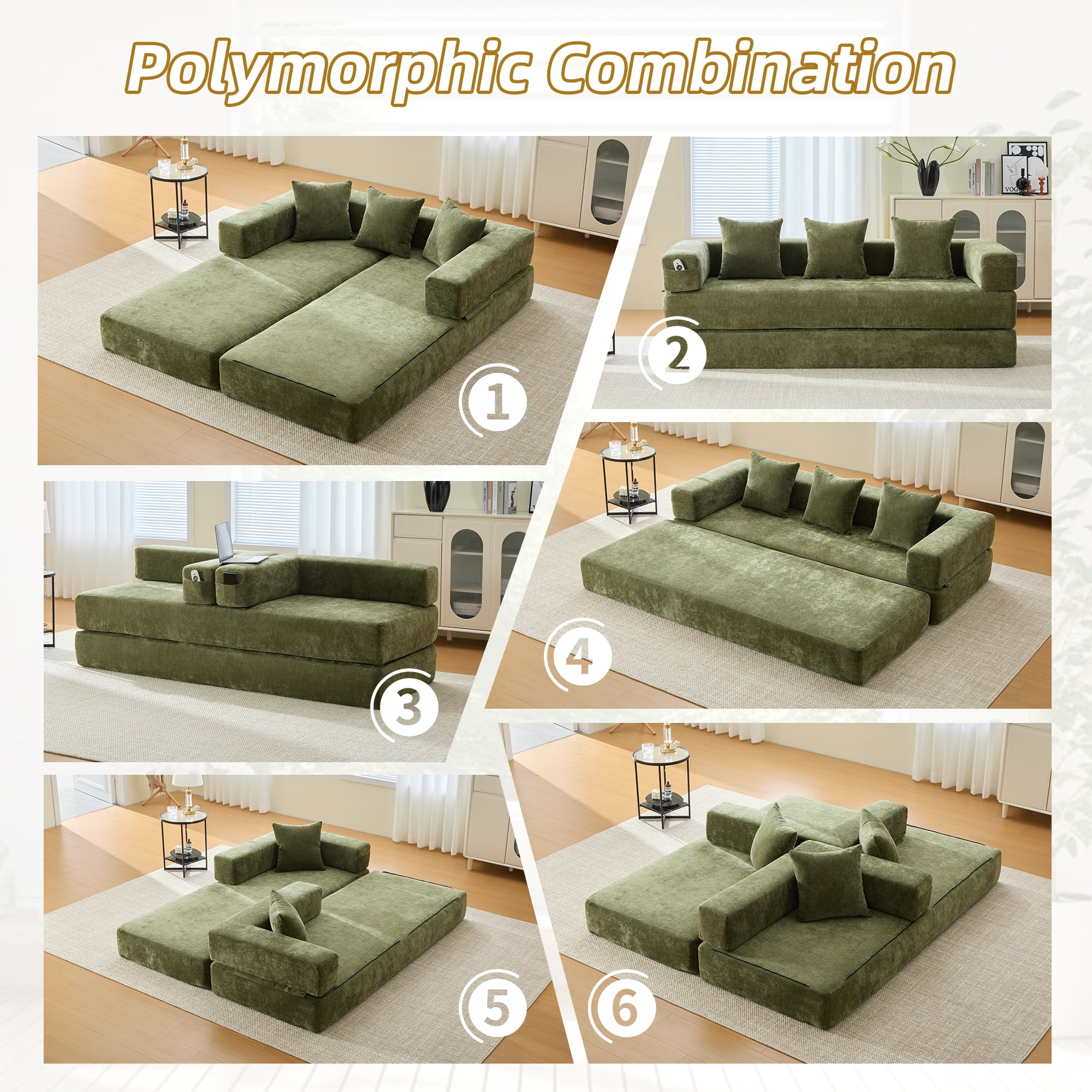 MOONMISS Chenille Upholstered Convertible Foldable Memory Foam Sleeper Sofa with Pillows for Living Room-Green