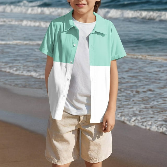 Zpanxa Chemise Garçon Élégante à Manches Courtes Col Rabattu à Boutons Imprimée Chemise Courte Boutonnée avec Polyester Spandex 9-10 Ans