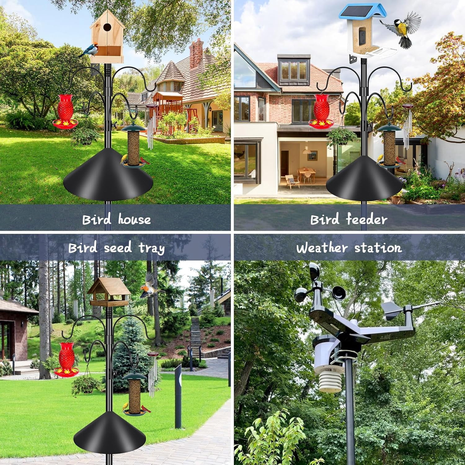 Smart Bird Feeder Pole Squirrel Proof 1-Inch Dia 94 Inch with 4 Shepherds Hooks Hanging Bluebird House Pole for Outdoors Squirrel Baffles for Feeders Metal Heavy Duty Mounting Kit