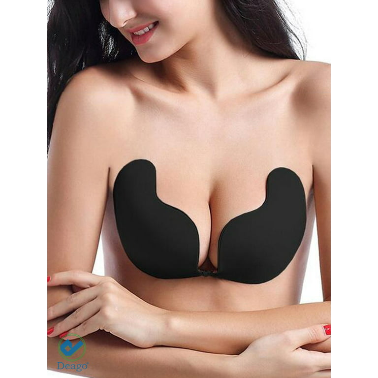 Deago Women's Push Up Strapless Bra Reusable Invisible Silicone Backless  Bras -C Cup Black 