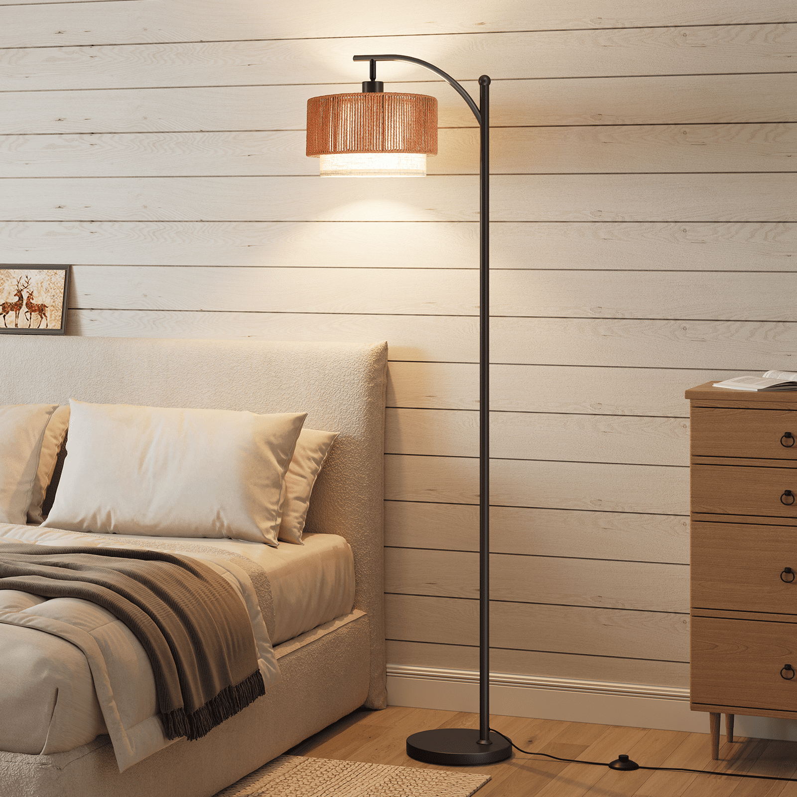 SUNMORY Rattan Floor Lamps, Boho Standing Lamps with Rattan & Linen Double Shades, Arc Lamp Floor with 12W Bulb, Foot Switch, Bohemian Floor Lamps for for Living Room, Bedroom, Study Room