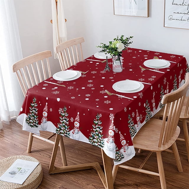Christmas Tablecloth Rectangle/Oval Xmas Tree Snowman and Snowflake Red Table Cloth Outdoor Waterproof Christmas Tablecloths for Party Picnic Indoor Table Cover for Dining/Kitchen 60x102inch