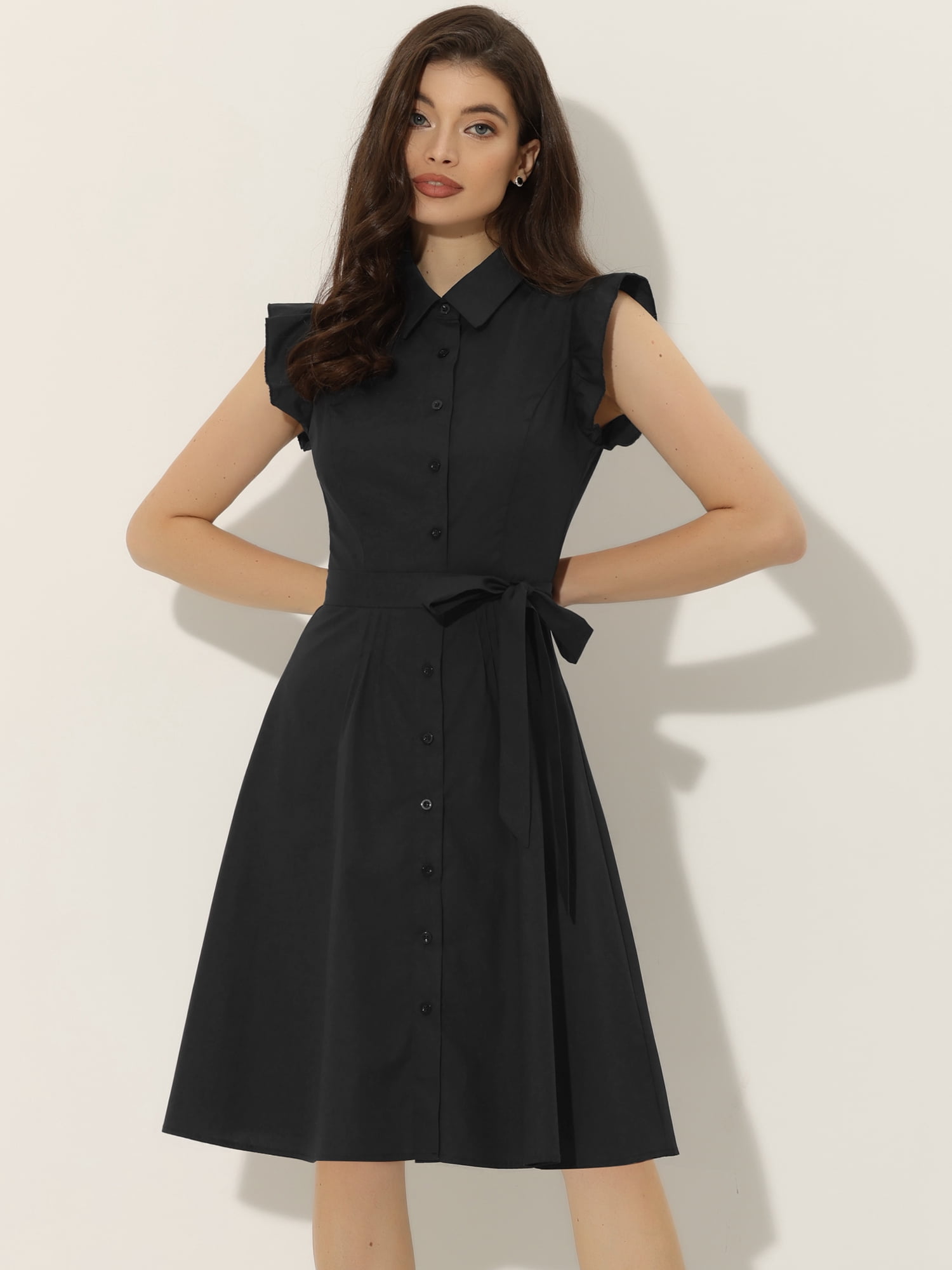 DARING DIVA Ruffled Sleeve Button Down Belted Knee Length Shirt Dress XS Black