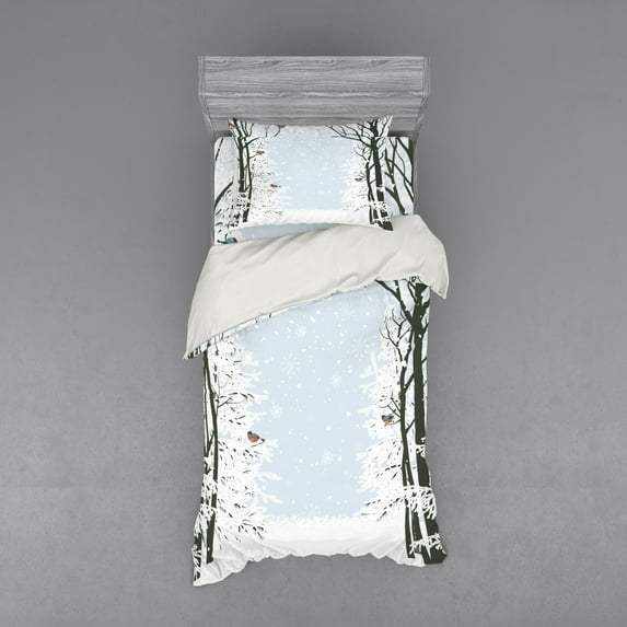 Ambesonne Winter Bedding Set 3 Pcs, Trees Bullfinch Birds, Twin, Black Pale Grey White