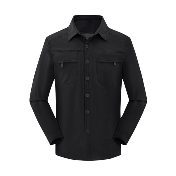 Blusa y camisa de manga larga con cuello vuelto para hombre, estilo casual, color liso, bolsillos cargo, botones y cremallera, blusa de manga larga con cuello vuelto, blusa de poliéster para hombre