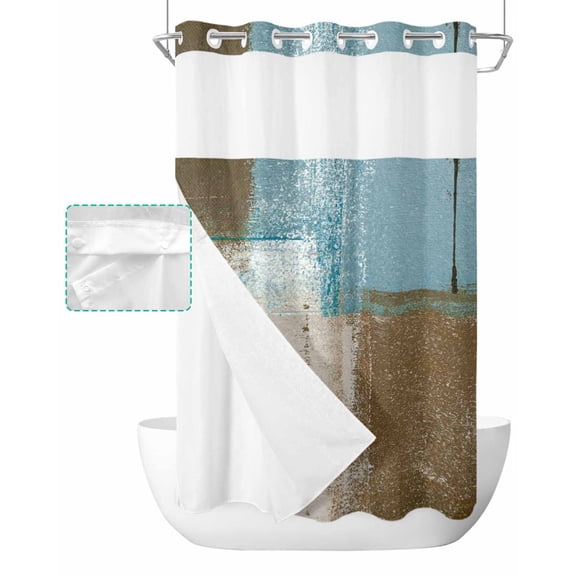 No Hook Shower Curtain with Snap in Liner, Blue Brown Grey Oil Painting Abstract Geometric Hotel Shower Curtains for Bathroom, Washable Shower Curtain Liner Set with Mesh Top Window, 36"x72"