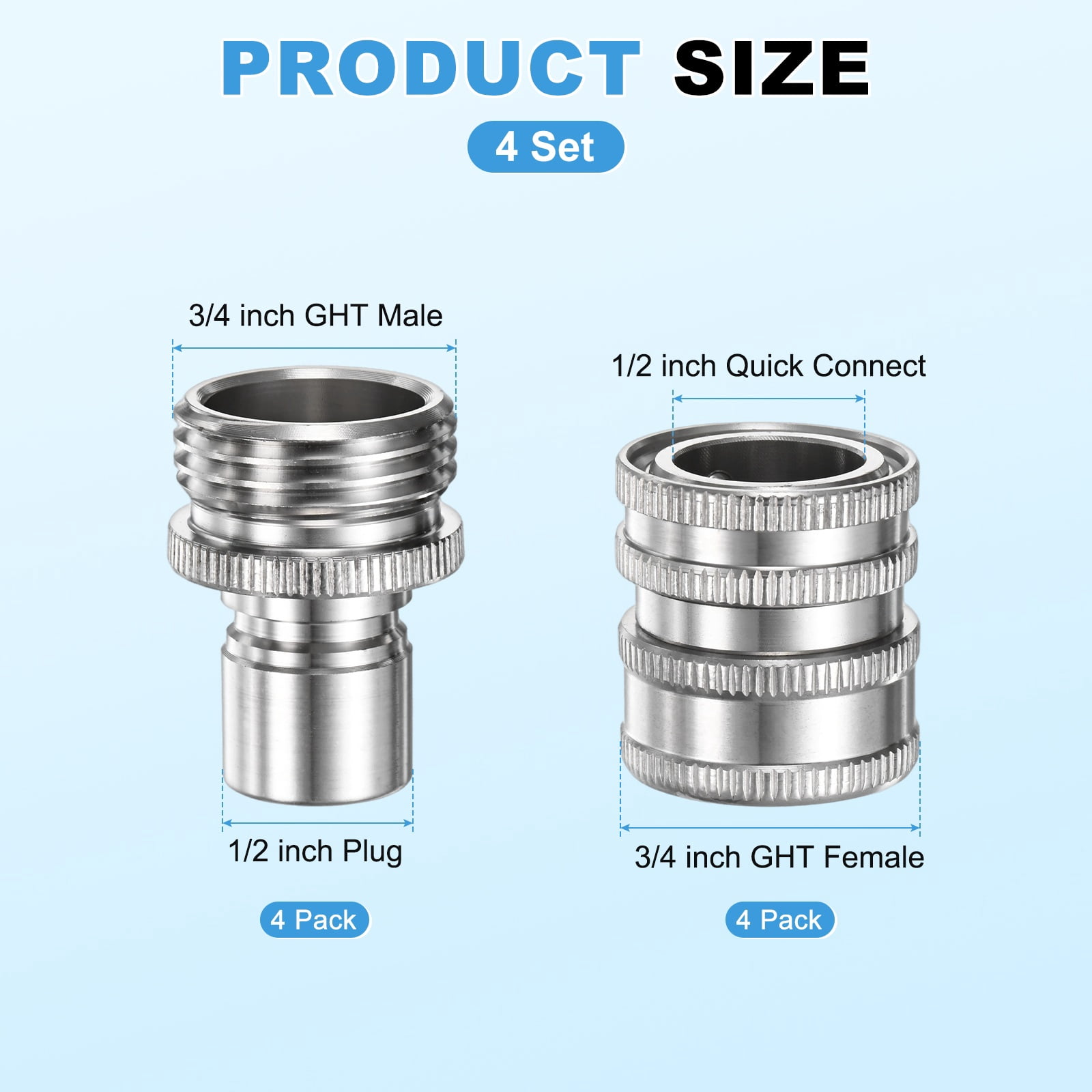 4 Set Garden Hose Quick-Connect, 3/4 Inch GHT Stainless Steel Water Hose Fitting