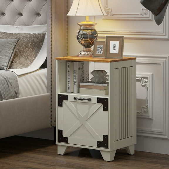Manora Farmhouse Nightstand with Drawer & Open Storage Shelf, Rustic Bedside Table for Bedroom, Red Oak & White