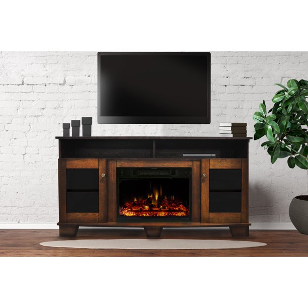Cambridge Savona Electric Fireplace Heater with 59In. Walnut TV Stand, Enhanced Log Display