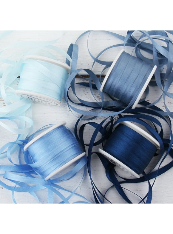 Threadart 4mm Silk Ribbon Set - Blue Shades - Four Spool Collection - 100% Pure Silk Ribbon - 10m (11yd) Spools - 44 Yards of Ribbon