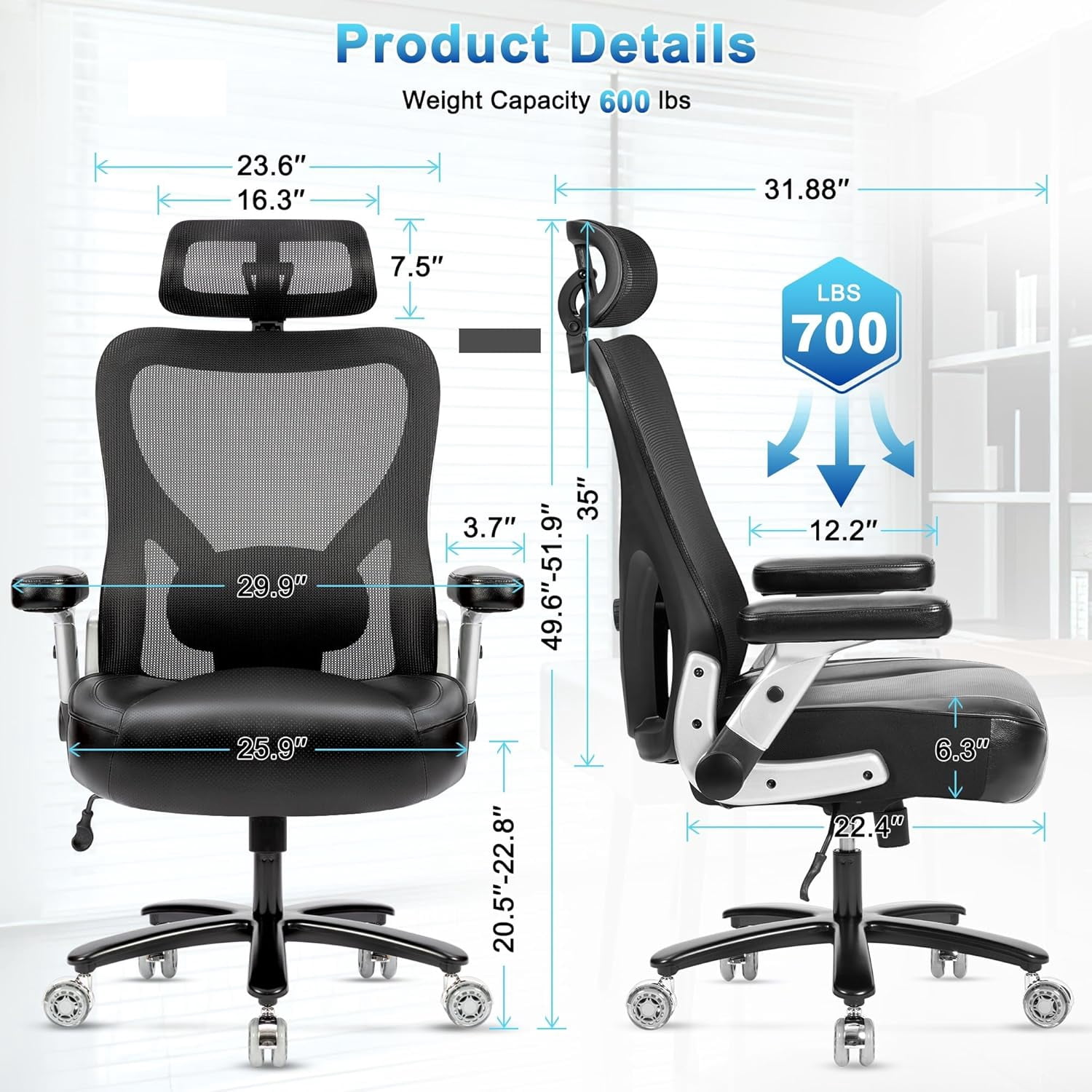 Super Big and Tall Office Chair 700lbs- Heavy Duty Executive Computer Chair with Rubber Wheels 3D Flip Arms, Ergonomic Mesh High Back Desk Chair, Extra Wide Seat Adjustable Lumbar Support&Headrest