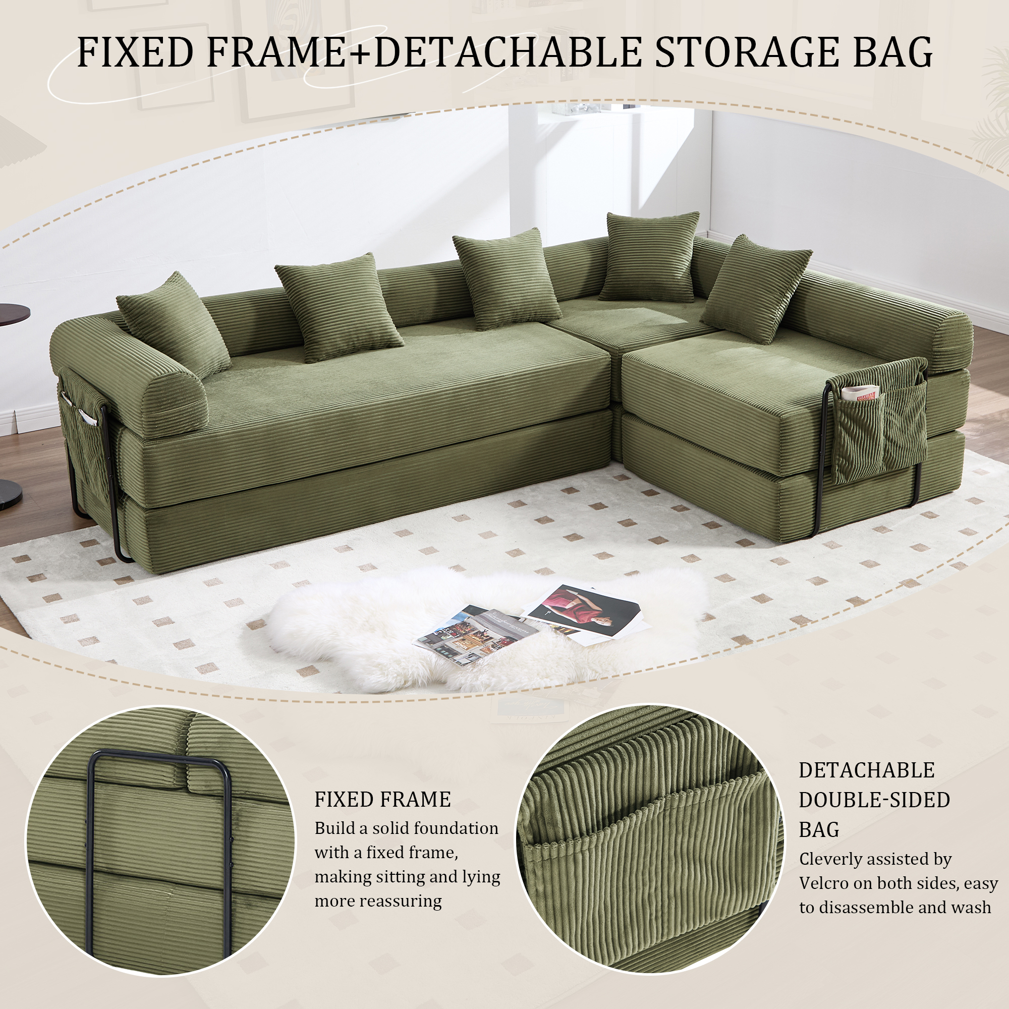 MOONMISS Corduroy Upholstered Convertible Folding Sofa Bed with Fixed Frame and Pillow Back Handrail-Olive Green