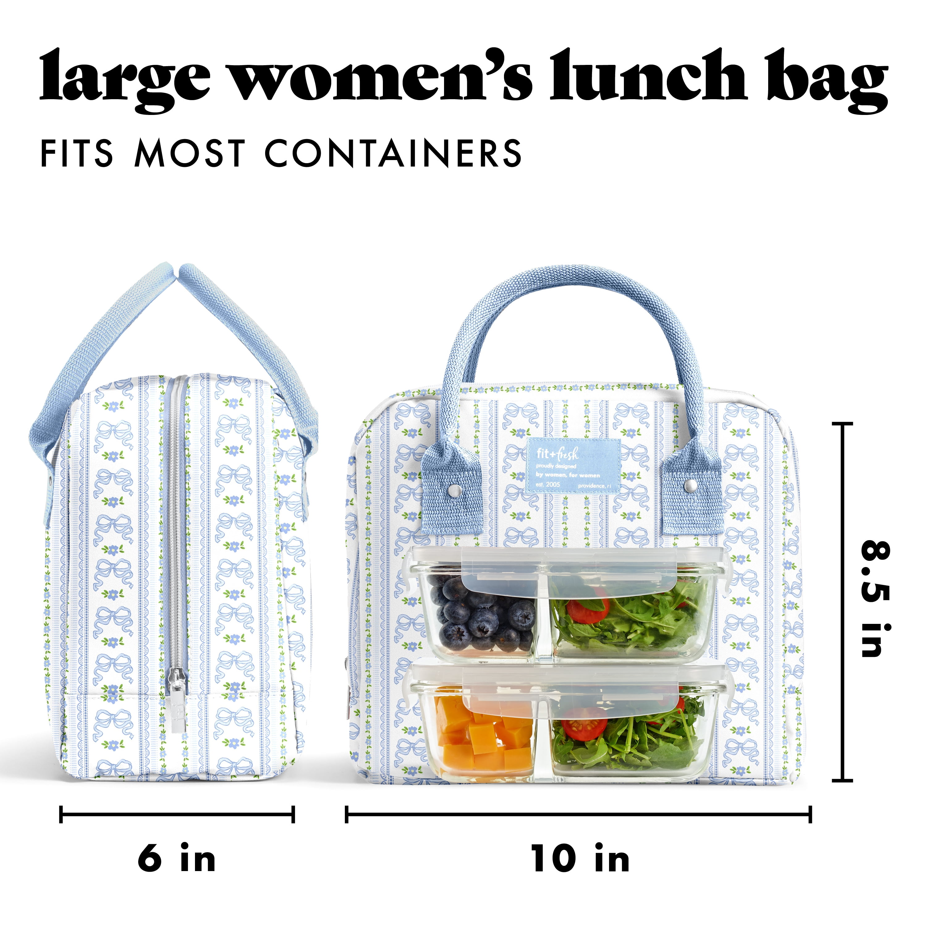 Fit + Fresh Bloomington Womens Lunch Bag, Insulated Lunch Box With Containers, Blue Wallpaper Bows