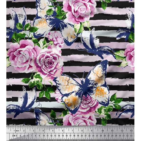 Soimoi Cotton Duck Fabric Stripe,Butterfly & Rose Floral Decor Fabric Printed Yard 42 Inch Wide