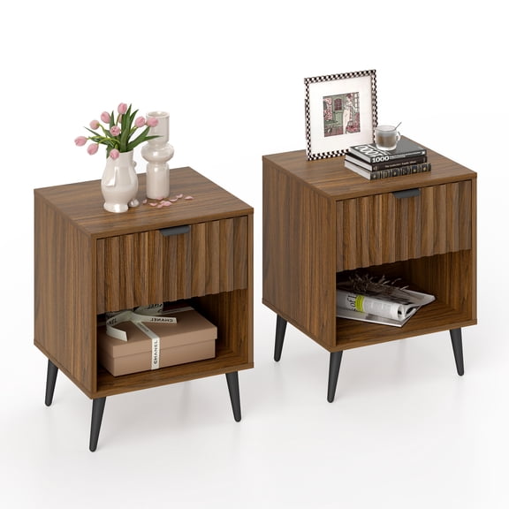 Fluted Nightstand Set of 2, Mid-Century Modern Bedside Tables with Drawer and Open Storage, Natural Wood Veneer Side Tables for Bedroom and Office, Brown