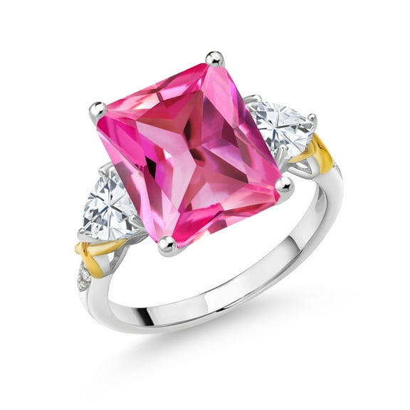 Gem Stone King 925 Silver and 10K Yellow Gold Pink Created Sapphire Moissanite and Diamond 3 Stone Ring for Women (7.56 Cttw, Gemstone September Birthstone, Emerald Cut 12X10MM, Size 6)
