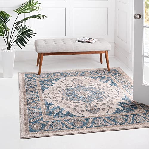 Unique Loom Salzburg Collection Classic Traditional Design Oriental Inspired Border Area Rug, 5 ft Square, Beige/Blue