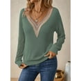 thumbnail image 6 of Womens Long Sleeve Sweaters Fall Trendy Lace V Neck Knit Drop Shoulder Pullover Sweater Jumper Tops Green S, 6 of 9