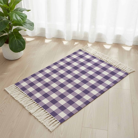 Area Rug with Tassels 2' x 3', Purple Buffalo Checker on White Kitchen Runner Rug for Hallway Bedroom Throw Rugs, Minimalist Plaid Lattice Soft Door Mat for Bathroom Entrance Living Room