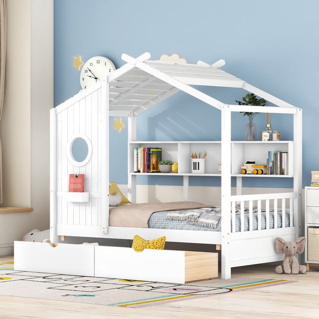 Lit Maisonnette en Bois Blanc Format Simple avec 2 Tiroirs - Lit Maisonnette pour Enfants