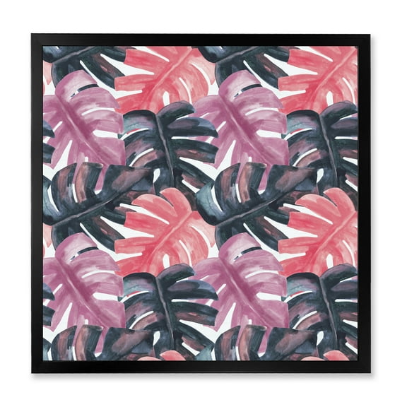 Designart 'Black and Red Monstera On Rough Brush Strokes II' Tropical Framed Art Print
