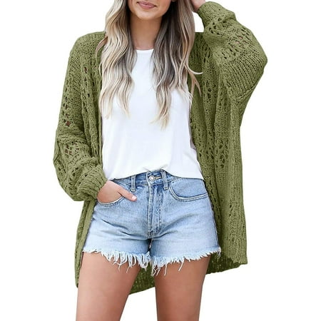 

Womens Cardigan Sweaters Basic Lightweight Casual Knit Loose Fit Open Front Crochet Cardigan Green S