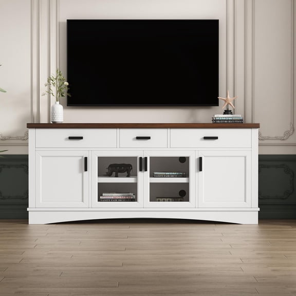 Modern White TV Console for 65 Inch TV, 67 Inch TV Stand with Glass Doors and 3 Storage Drawers, Entertainment Center with Adjustable Shelves, White and Walnut Top