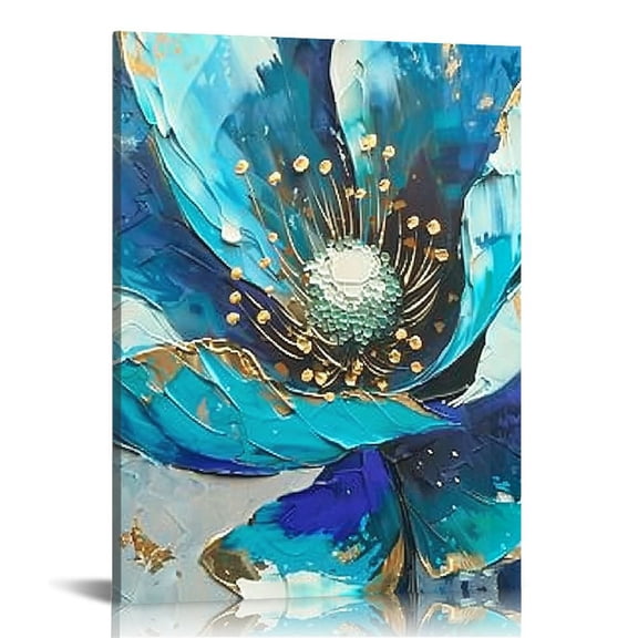 ARISTURING Blue Flower Abstract Canvas Wall Art Blue White Gold Abstract Large Painting White Flower Texture Artwork Gold Poster Prints Teal Flower Pictures Turquoise Modern Art Wall Decor
