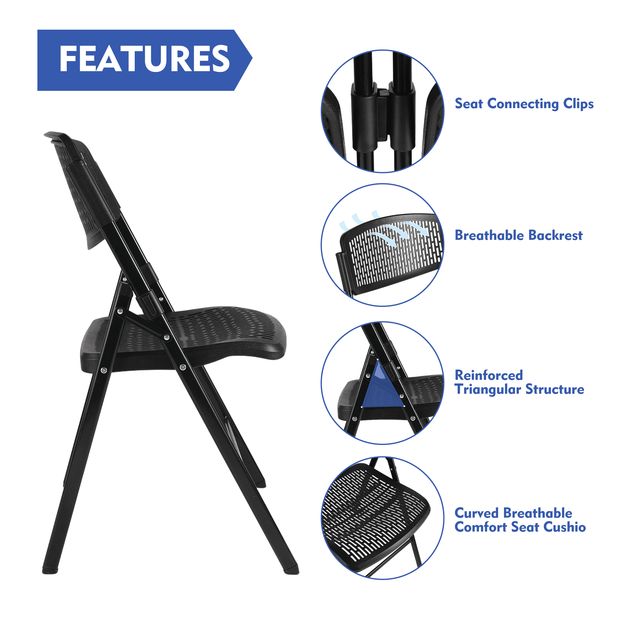 (12 pack) Mainstays Premium Breathable Resin Folding Chair, Black (Set of 6)