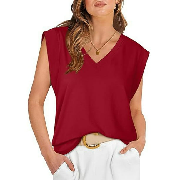Camiseta sin mangas informal con mangas casquillo para mujer - Camiseta básica holgada para ir de compras o salir de fiesta durante las vacaciones - Tallas S-XXL