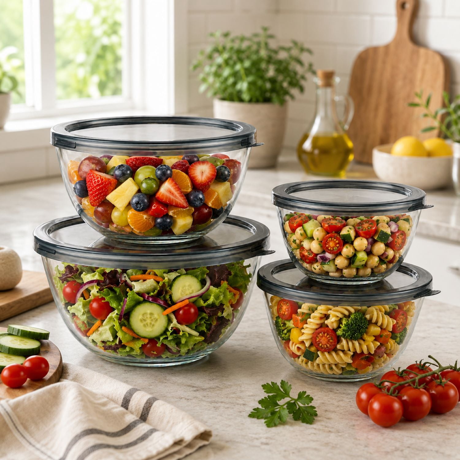 Sorbus 4-Piece Glass Mixing Bowl Set with Lids, Assorted Sizes, Nesting, BPA-Free, Microwave Safe