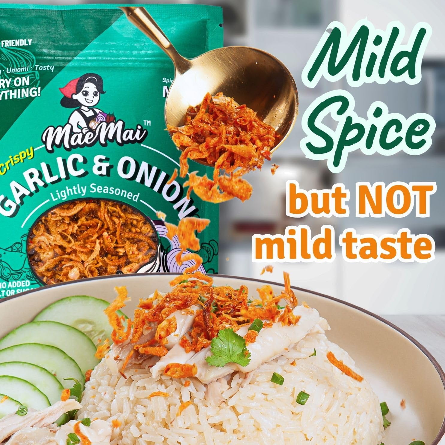 MaeMai MILD Spice - Non-Oily Chili Crisp Topper, Rice Seasoning, Ramen Topper, Furikake | Umami Onion & Garlic Flakes | 2.65oz (75g) H1