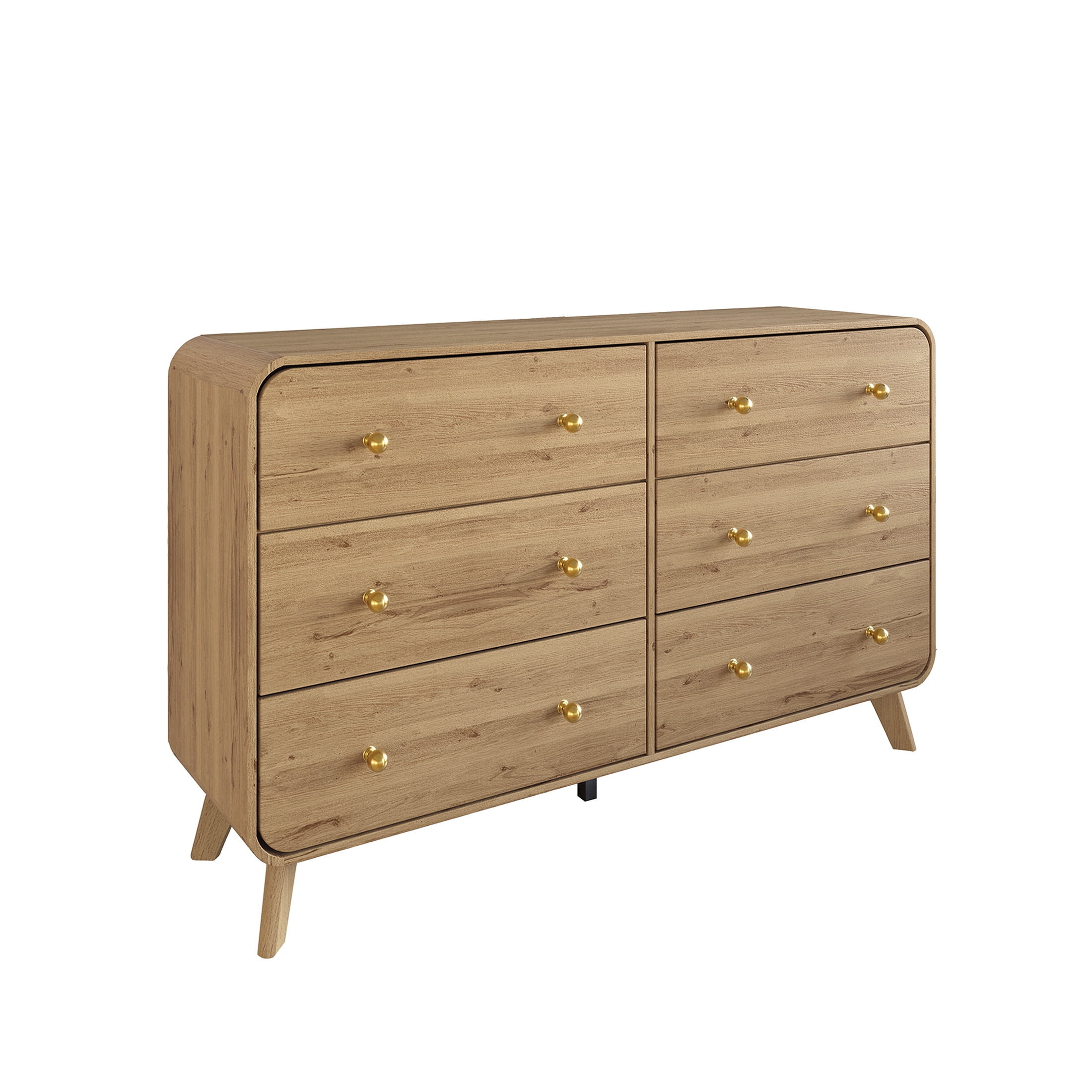 Castle Place Mid-Century 6 Drawer Wooden Dresser, Light Oak