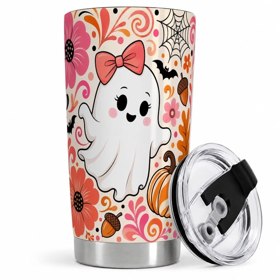 Cute Floral Ghost Tumbler, 20oz Insulated Drinkware for Halloween Fans Stainless steel insulated tumbler with lid, cute floral ghost artwork for water, iced coffee, tea, or travel
