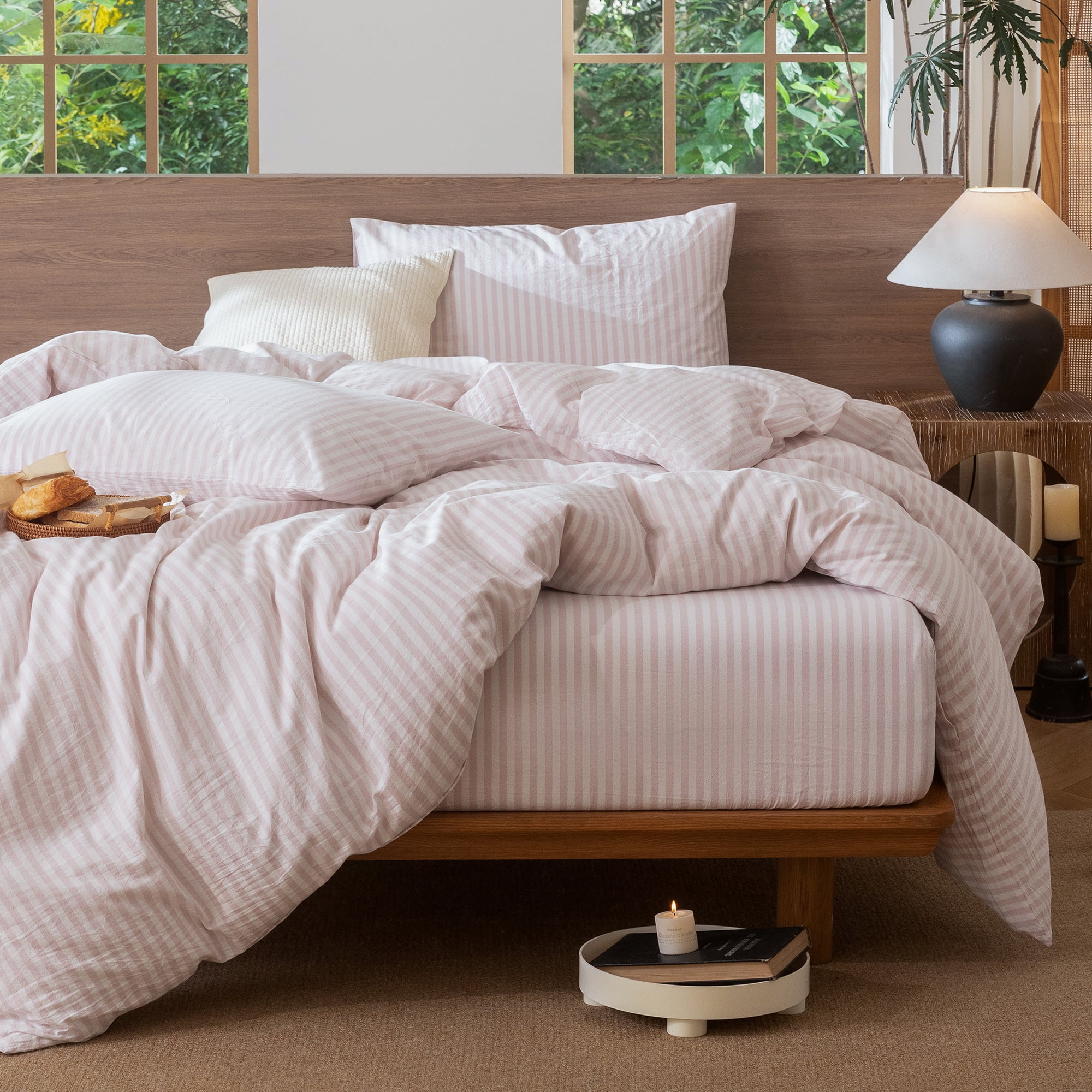 MooMee Striped Duvet Cover Set King 100% Washed Cotton Linen Like Textured Breathable 3-Piece (Greyish Pink& White Classic Stripes, 104"x90")