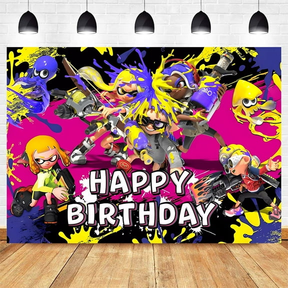 Cartoon Splatoon Birthday Backdrop Banner Party Supplies Happy Birthday Party Decorations 35''×30''