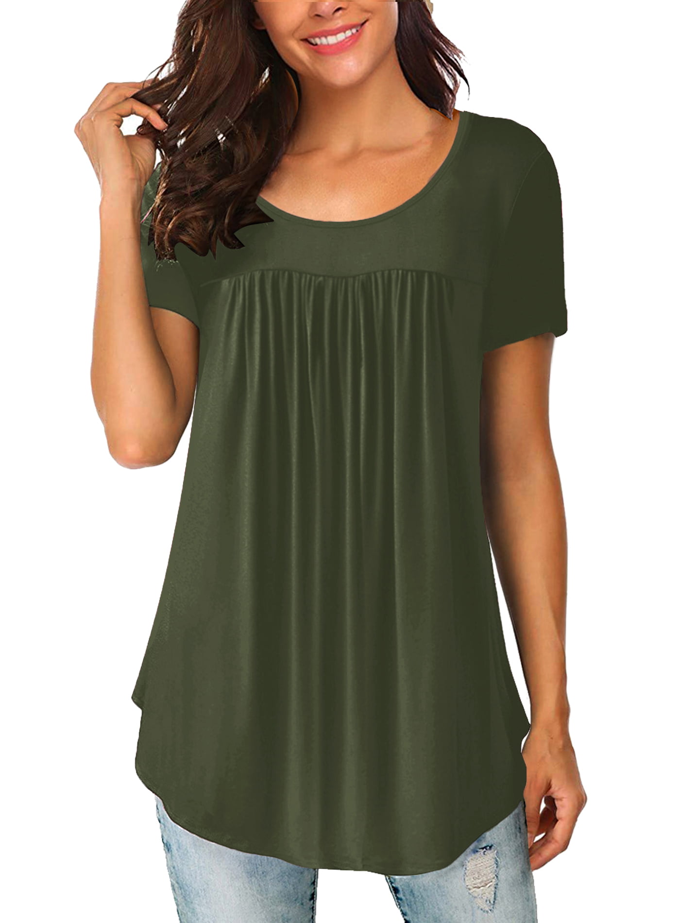 Womens Scoop Neck Pleated Tunic Tops Blouse Solid Color Shirts