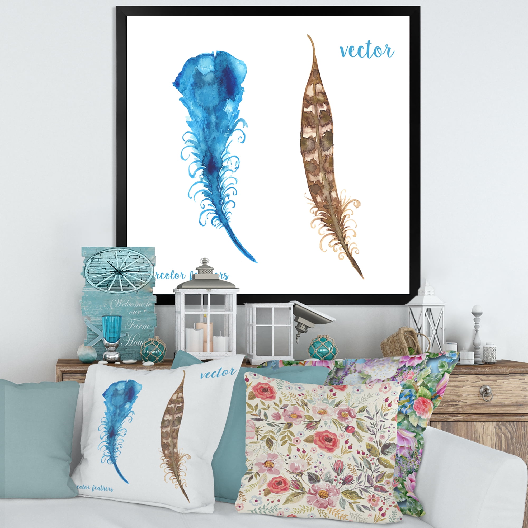 Designart 'Ethnic Boho Watercolor Feathers' Bohemian & Eclectic Framed Art Print