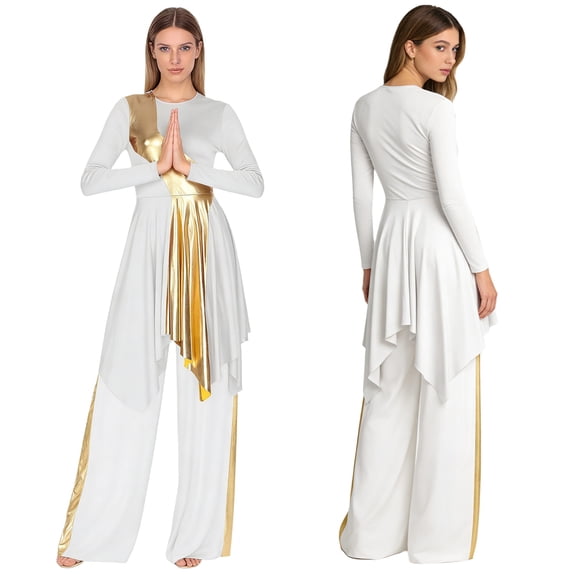 iiniim Women Metallic Praise Dancewear Outfit Worship Liturgical Lyrical Dance Dress with Pants White XL