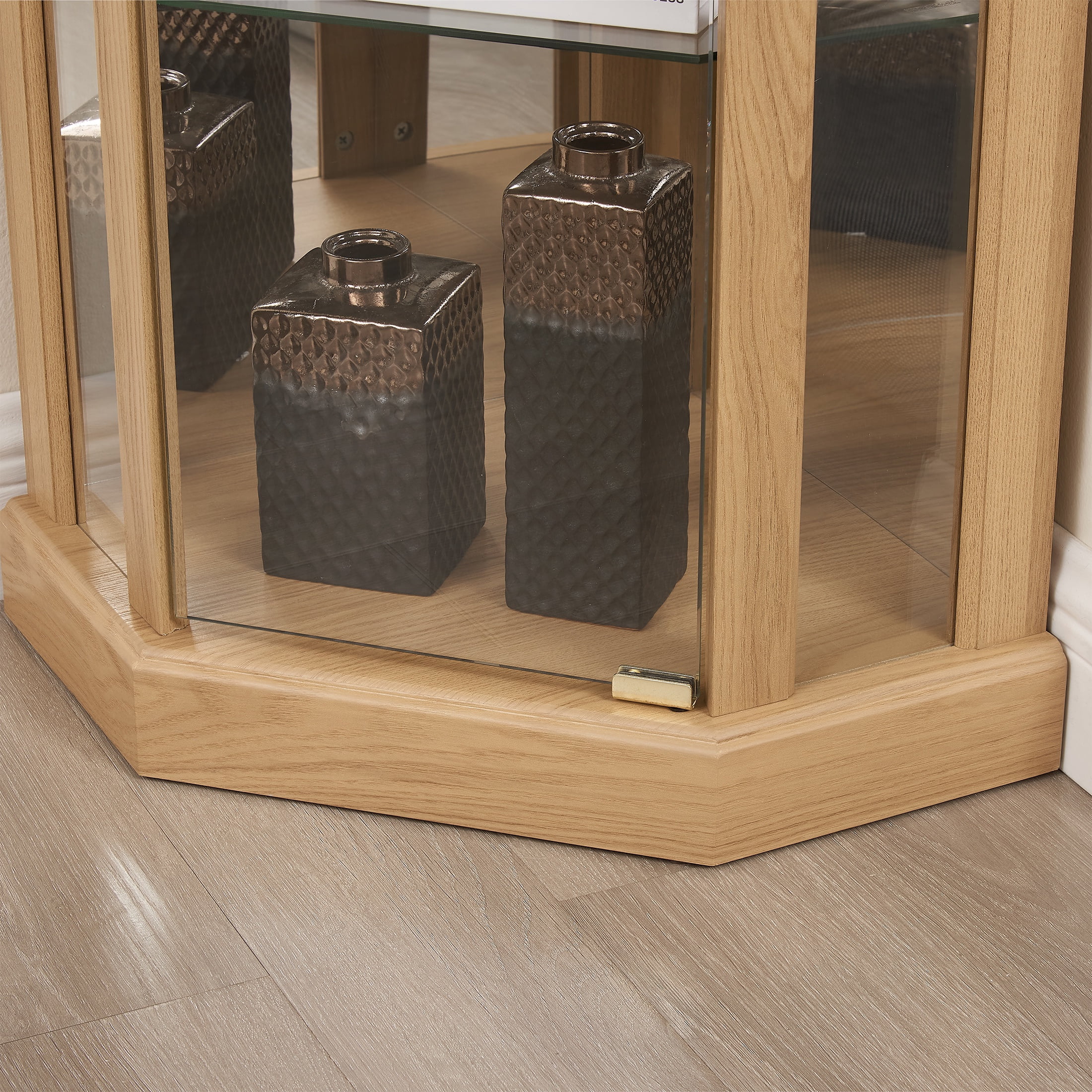 PORKISS Lighted 3-Side Glass Display Curio Cabinet with Tempered Glass Doors and Shelves, China Cabinet Wood Corner Cabinet with Bulb, Corner Curio Storage Rack for Bar, Liquor Storage, Oak