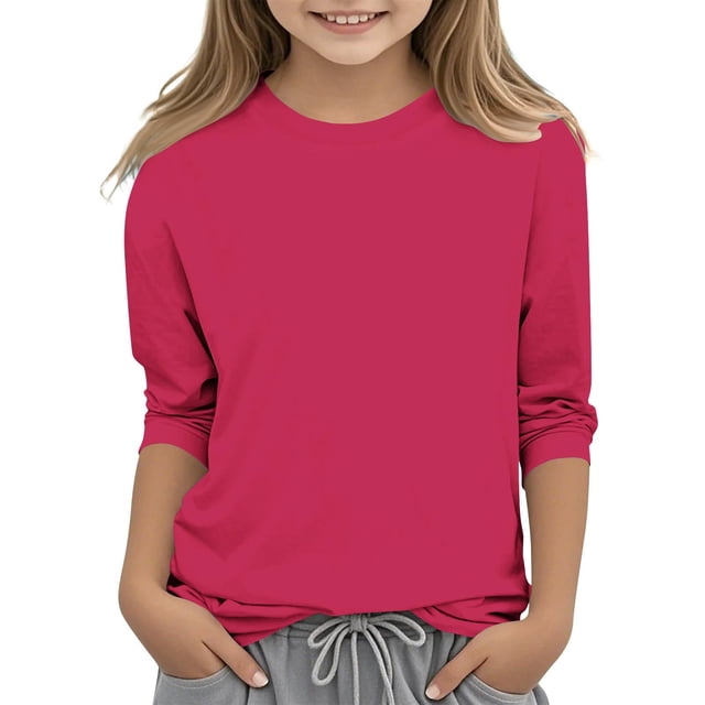 WRKEKC Chemises à Manches Longues pour Garçons, T-Shirts à Manches Longues pour Filles, Hauts/chemise à Col Rond à Manches 3/4 Unis Tendance pour Enfants